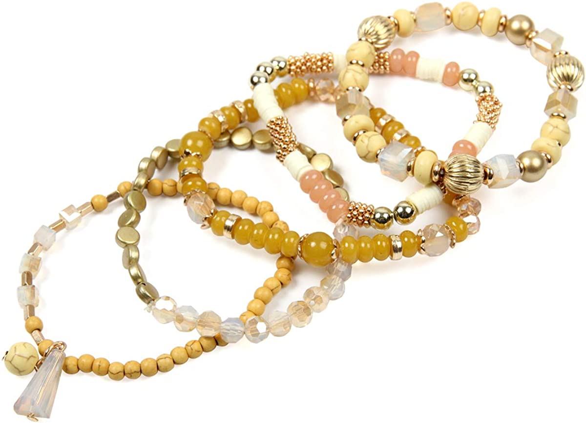 RIAH FASHION Bohemian Mix Bead Multi Layer Versatile Statement Bracelets - Stackable Beaded Strand Stretch Bangles Sparkly Crystal, Tassel Charm - Image 2